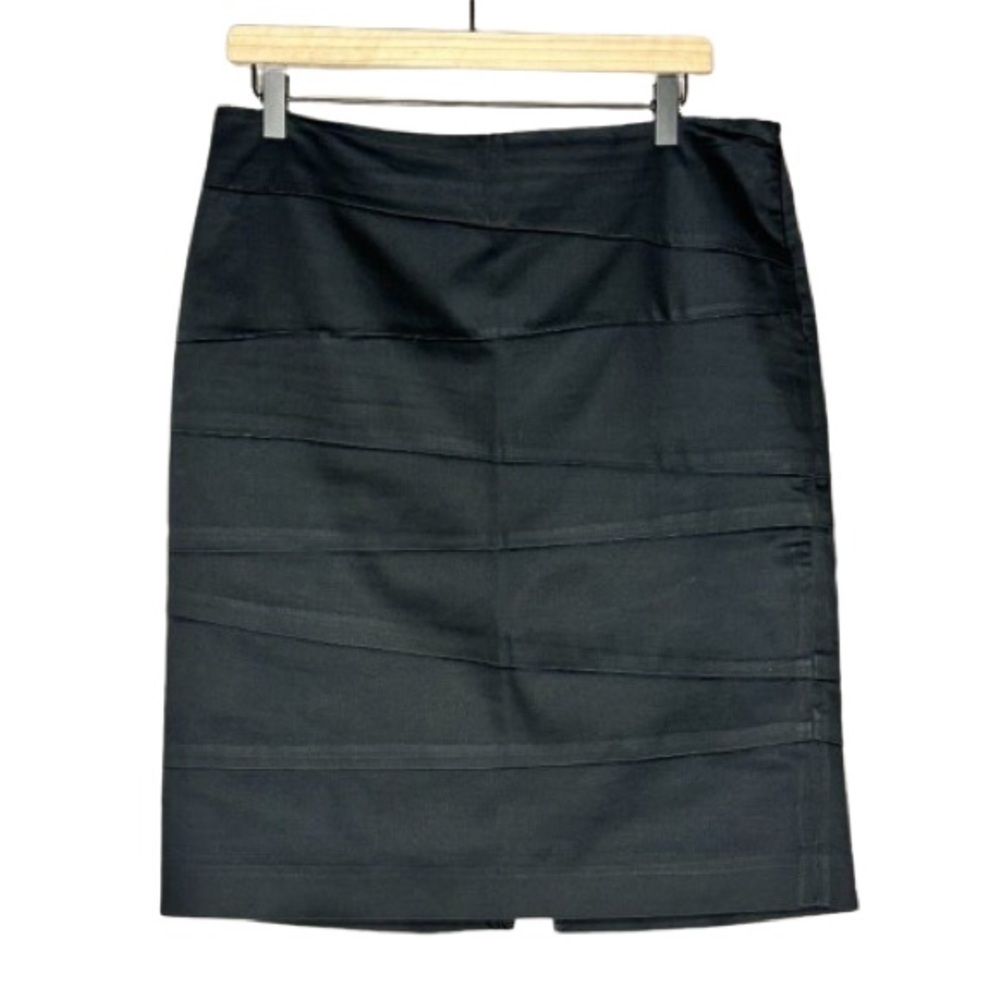 Women's 10 WHBM Black Midi Pencil Skirt Asymmetrical Stitched Stripes Slit